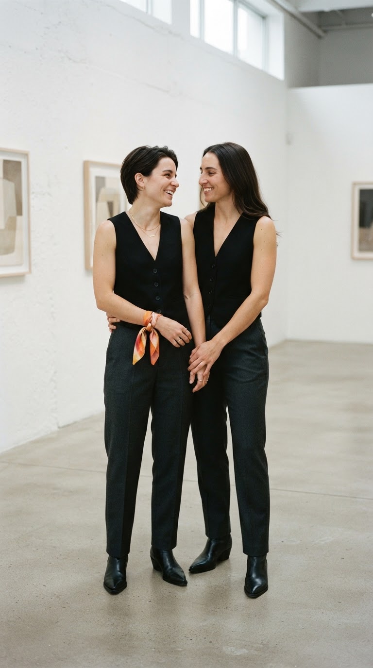 Two women in all-black tailored vests and charcoal trousers in a white gallery, representing monochrome pride inspired outfits