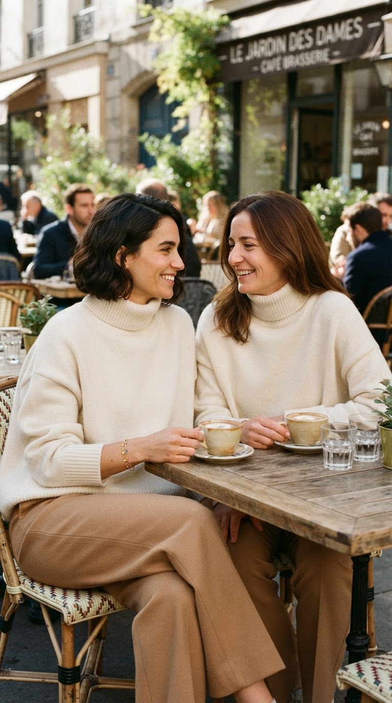 Two women in cream cashmere turtlenecks at a sunlit café terrace, wearing pride aesthetic outfits with subtle rainbow bracelet