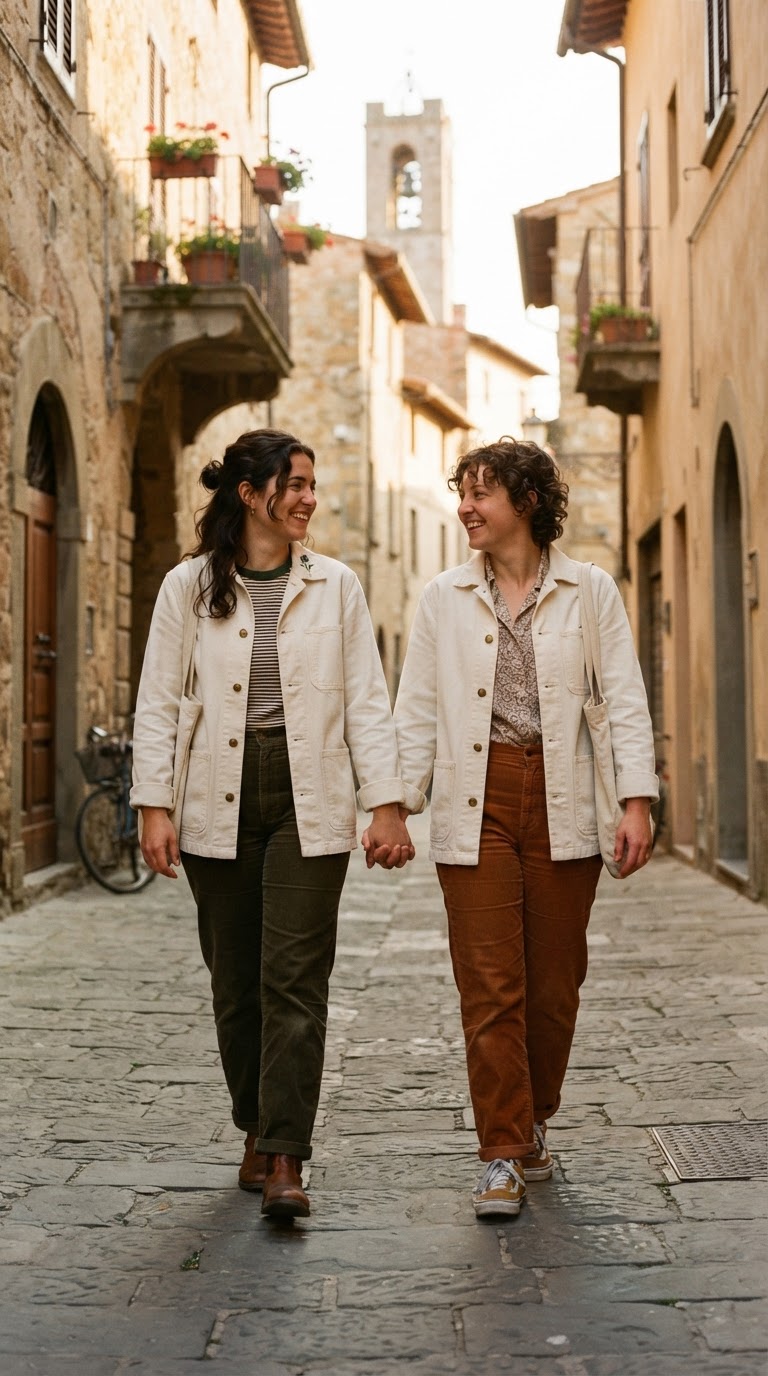 Two women in off-white canvas chore coats walking through a European alleyway, wearing subtle pride outfits aesthetic
