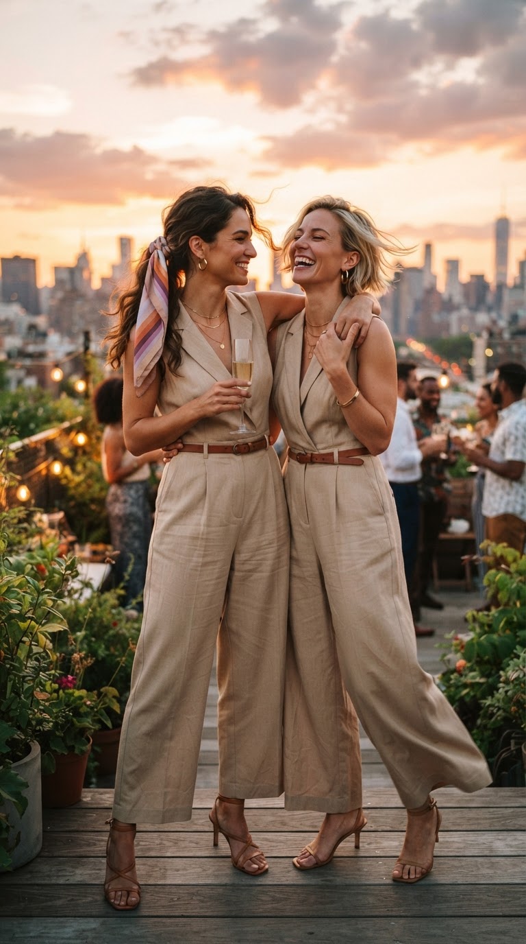 Two women in elegant beige jumpsuits at a sunset rooftop garden party, wearing pride outfits aesthetic with sunset silk scarves