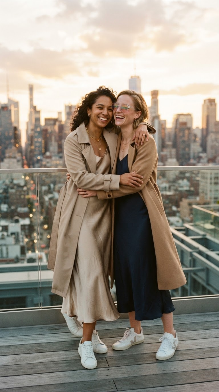Two women on a city rooftop at sunset, one in a champagne silk slip dress and trench coat with rainbow-tinted sunglasses