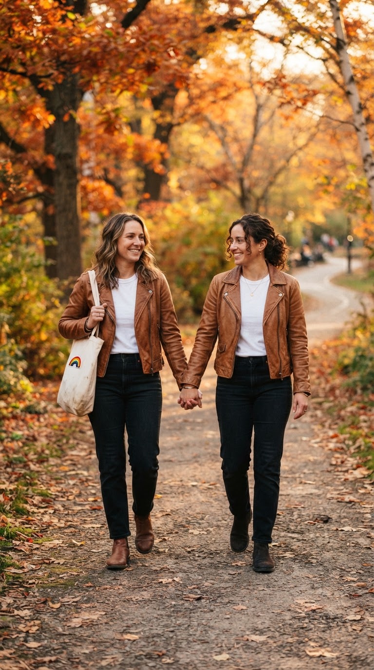 Two women in cognac leather jackets walking through an autumn park holding hands, wearing pride outfits aesthetic