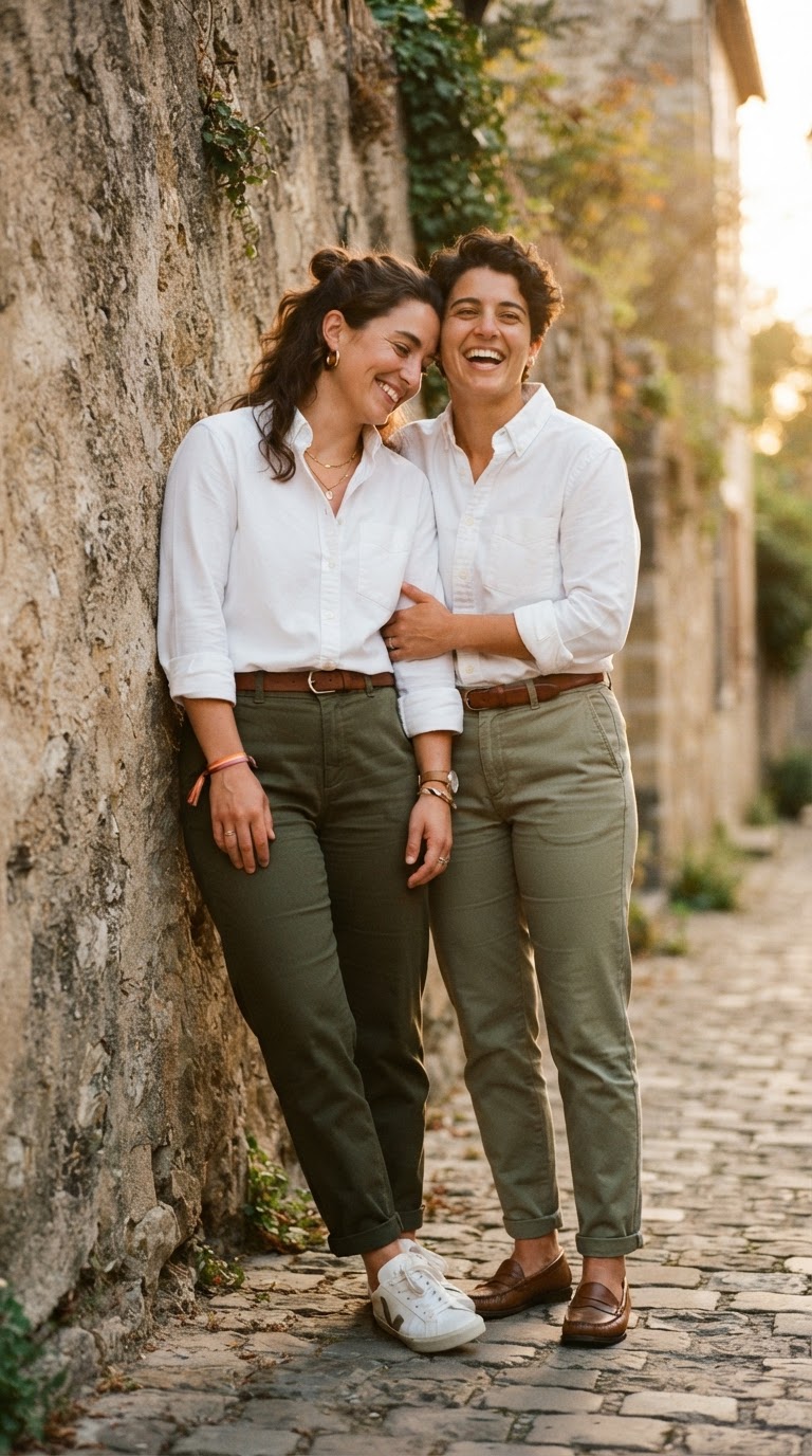 Two women in crisp white poplin shirts and olive chinos leaning against a stone wall, showcasing easy pride outfits