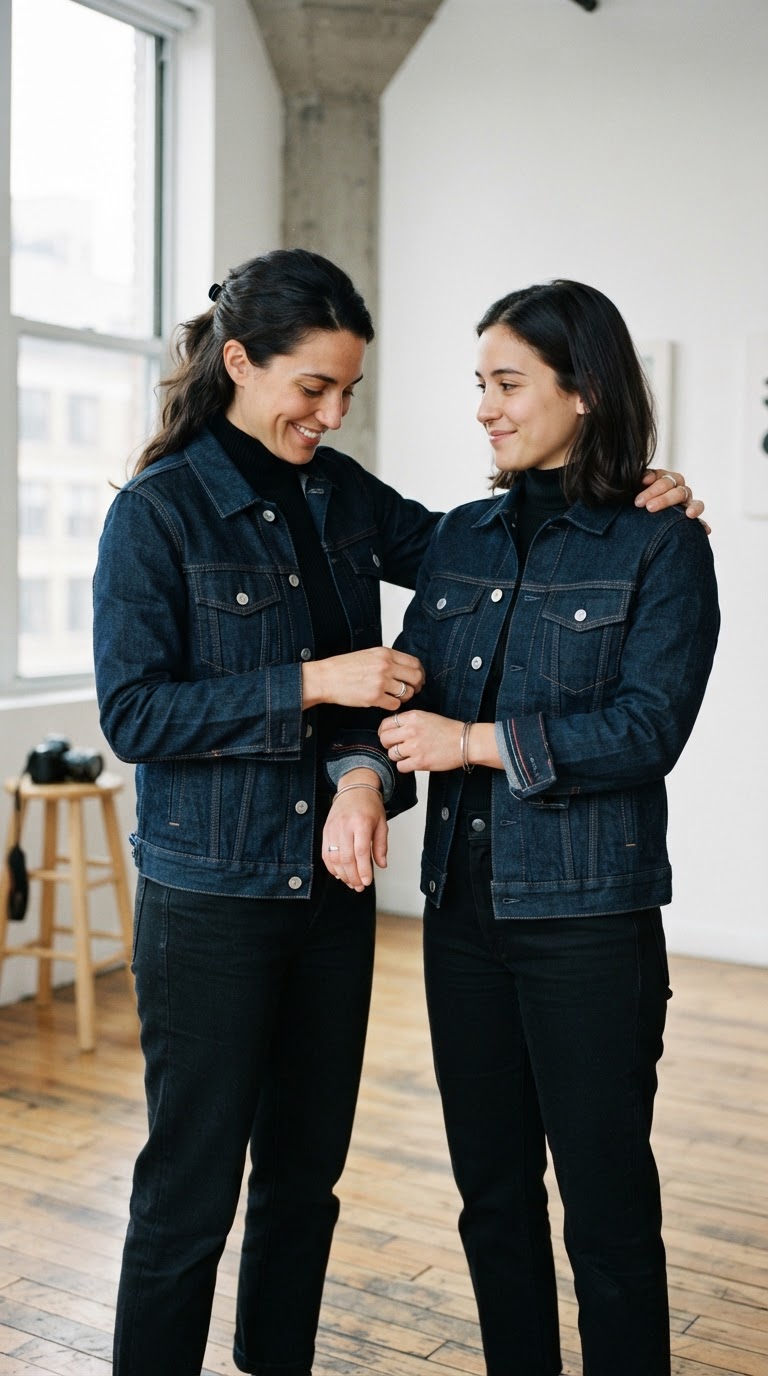 Two women in deep indigo denim jackets and black turtlenecks in a minimalist loft, showcasing subtle pride aesthetic outfits