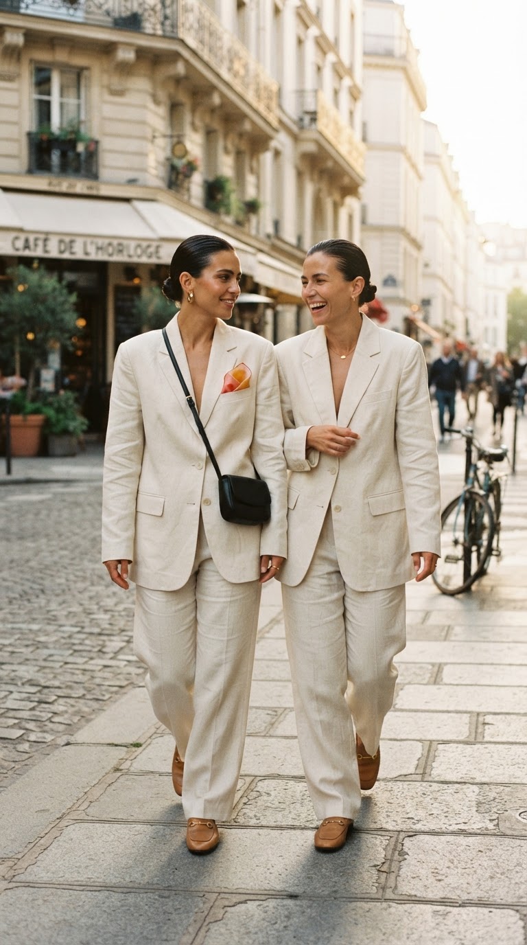Two women in cream oversized linen blazers and wide-leg trousers walking on a sunlit Parisian street, embodying the pride outfits aesthetic