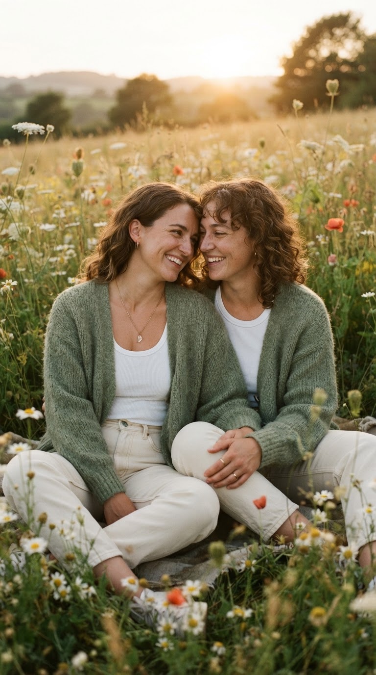 Two women in sage green mohair cardigans and cream jeans sitting in a wildflower field, wearing easy pride outfits