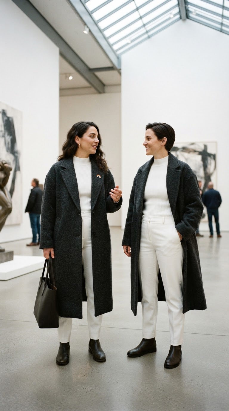Two women in charcoal wool coats over all-white outfits in a modern art gallery, embodying pride inspired outfits