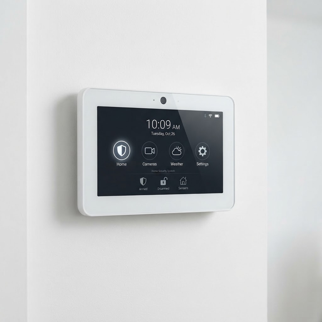 Modern home security control panel with touchscreen interface