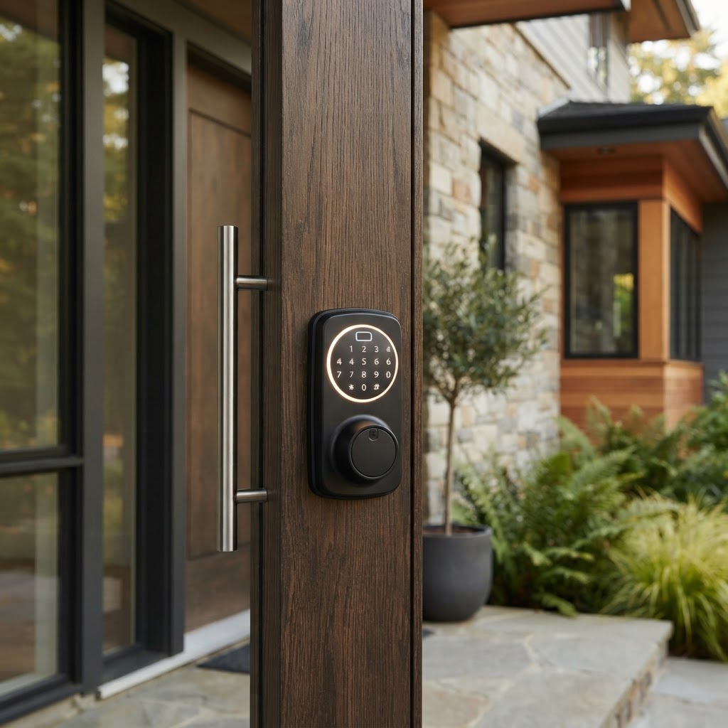 Smart deadbolt lock with illuminated keypad installed on a residential front door