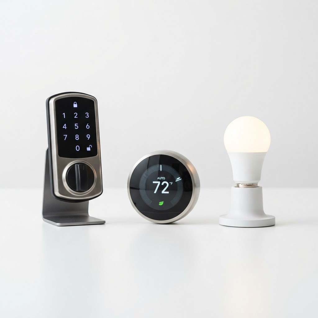 Smart home automation devices including lock, thermostat, and light bulb