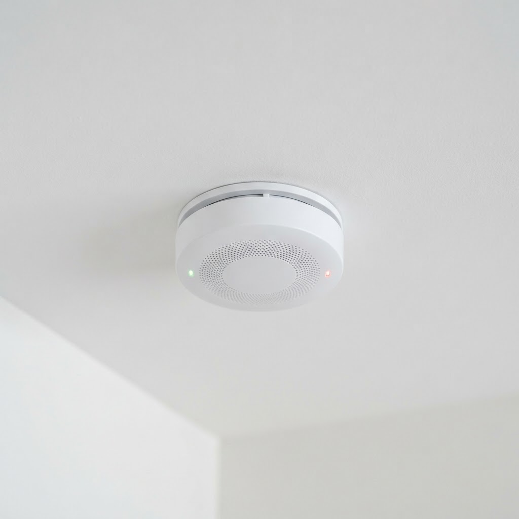 Smoke detector and carbon monoxide detector mounted on ceiling