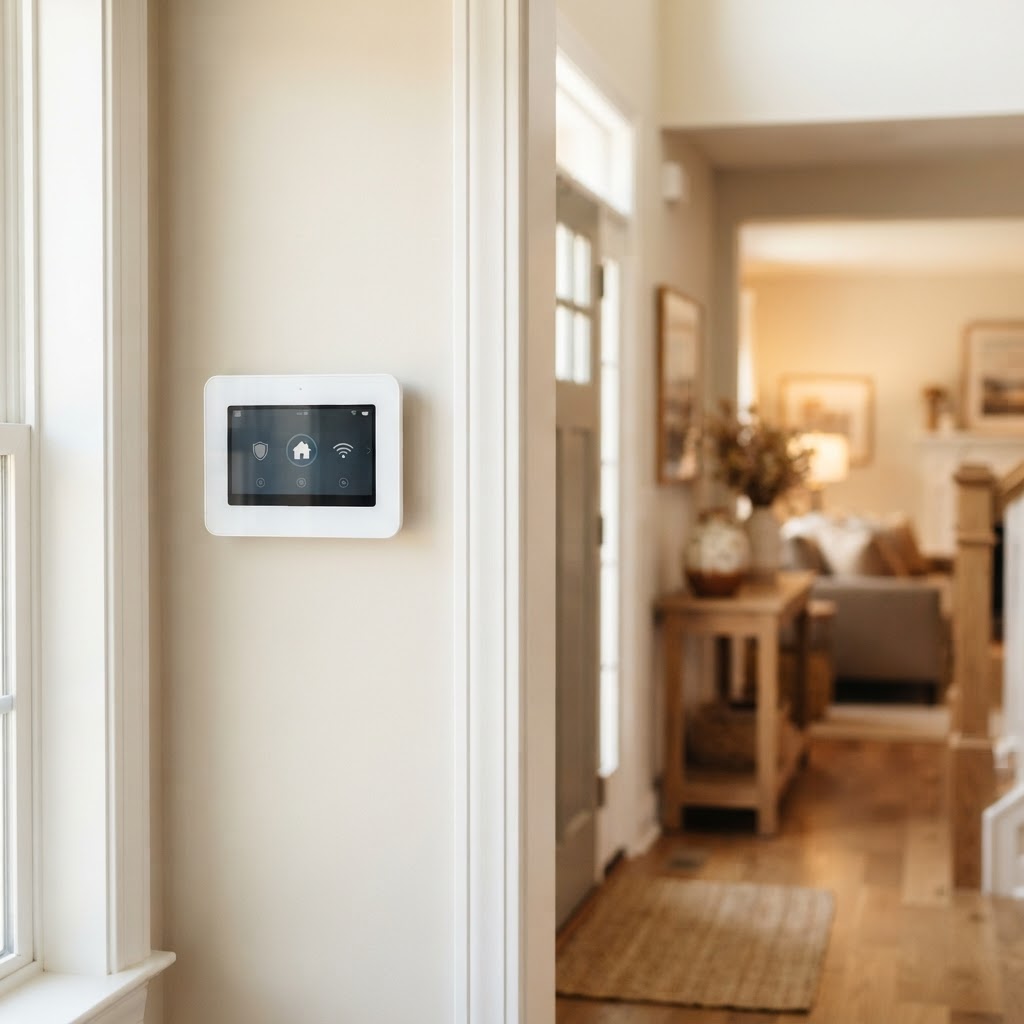 Home security touchscreen control panel mounted on the wall of a home entryway