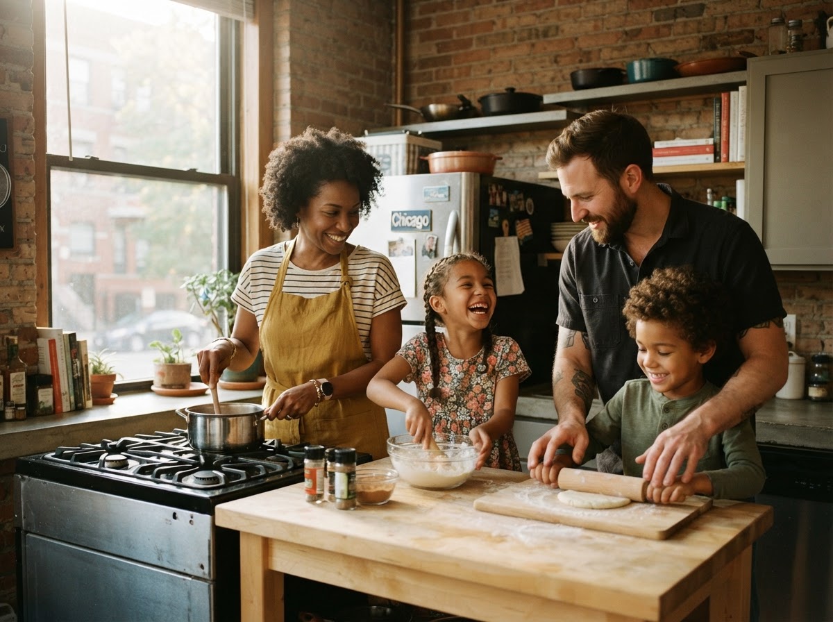 Chicago family in a sunlit kitchen