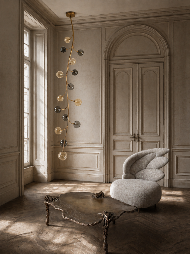 Dionysos Pendant by Emilie Lemardeley — luminous sculpture in blown glass, metal (detail 2)