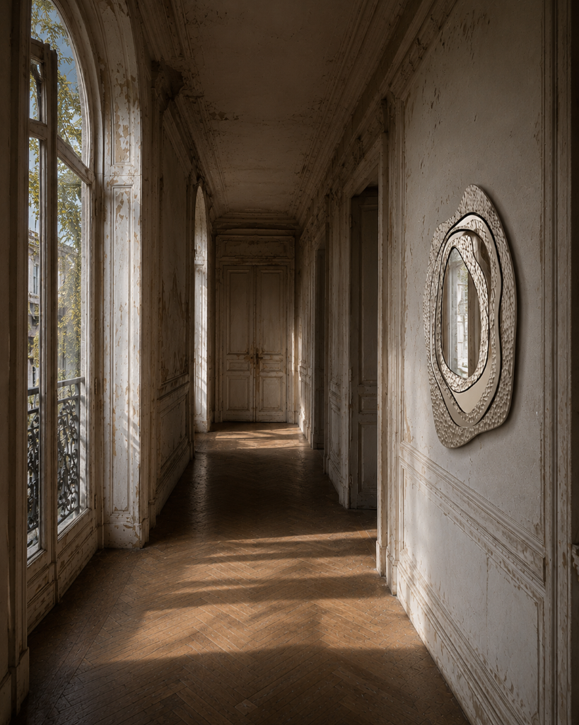 Narcisse by Emilie Lemardeley — functional sculpture in hammered metal, mirror (detail 2)