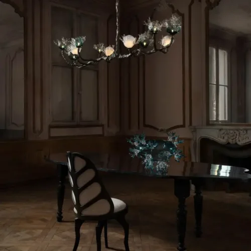 Dryade Chandelier by Emilie Lemardeley — luminous sculpture in glass, metal, bronze (detail 1)