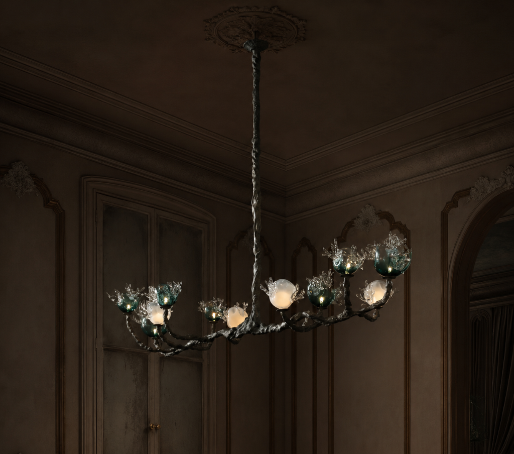 Dryade Chandelier by Emilie Lemardeley — luminous sculpture in glass, metal, bronze (view 1)
