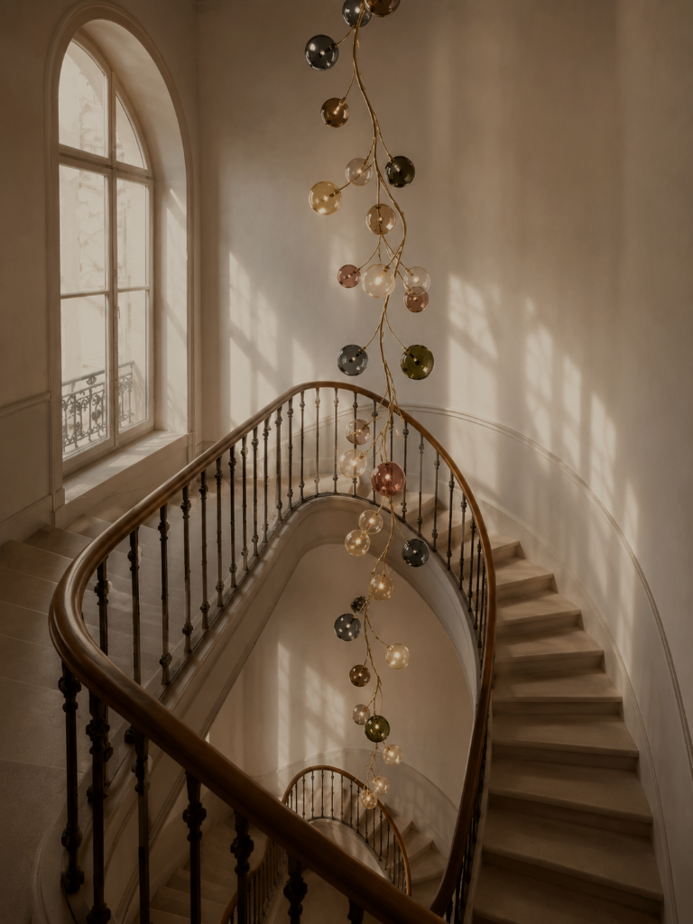 Dionysos Pendant by Emilie Lemardeley — luminous sculpture in blown glass, metal (detail 1)