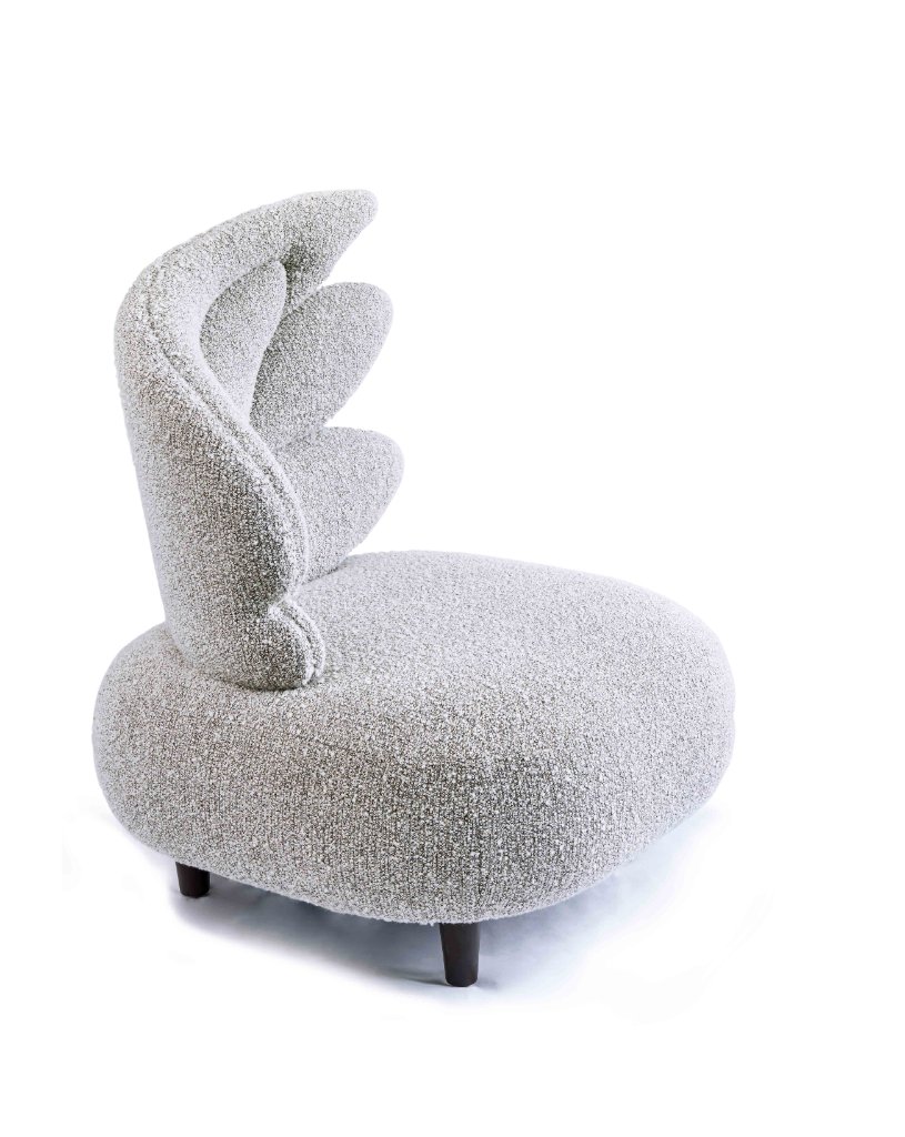 Zeus Arm Chair by Emilie Lemardeley — functional sculpture in bouclé, bronze (view 1)
