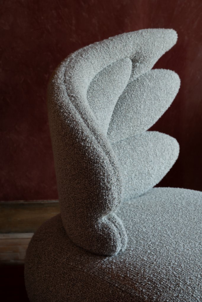 Zeus Arm Chair by Emilie Lemardeley — functional sculpture in bouclé, bronze (detail 3)