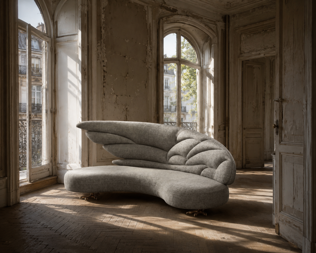 Zeus Sofa by Emilie Lemardeley — functional sculpture in wood, foam and fabric (detail 2)