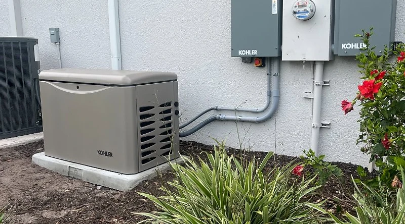 A&A GenPro technician with homeowner next to installed standby generator in Houston
