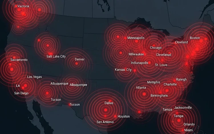Nationwide radar coverage map showing dealer markets across the United States and British Columbia