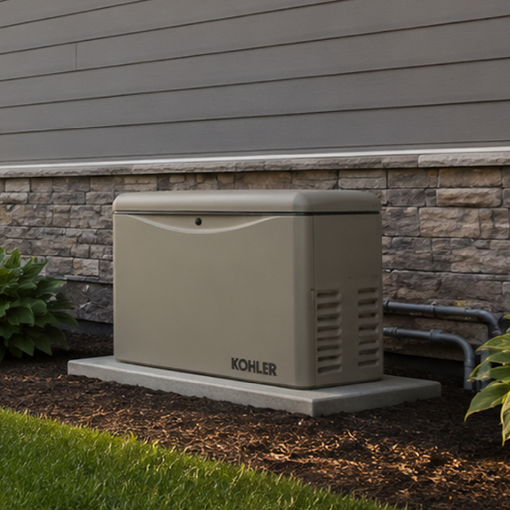 Whole home standby generator permanently installed on a concrete pad beside a modern suburban house — automatic backup power for the entire home