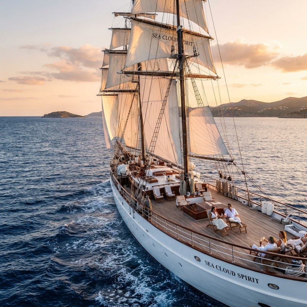 Segelkreuzfahrten: Die perfekte Symbiose aus Luxus und traditioneller Seefahrt Ein eleganter Viermast-Großsegler kreuzt bei Sonnenuntergang vor einer mediterranen Küstenlinie im tiefblauen Meer.