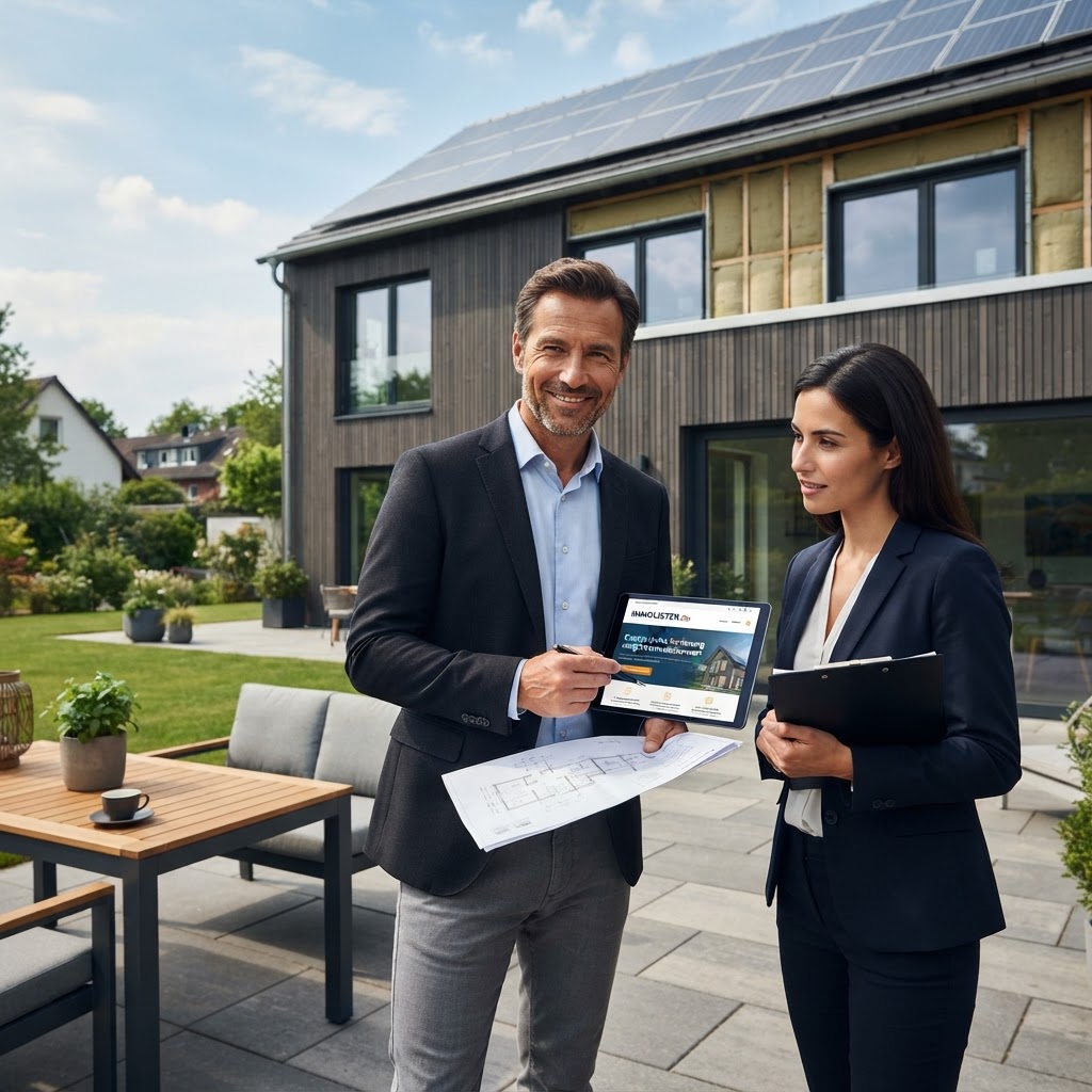 Ein modernes Einfamilienhaus mit installierter Photovoltaik-Anlage zur Illustration der energetischen Wertsteigerung.