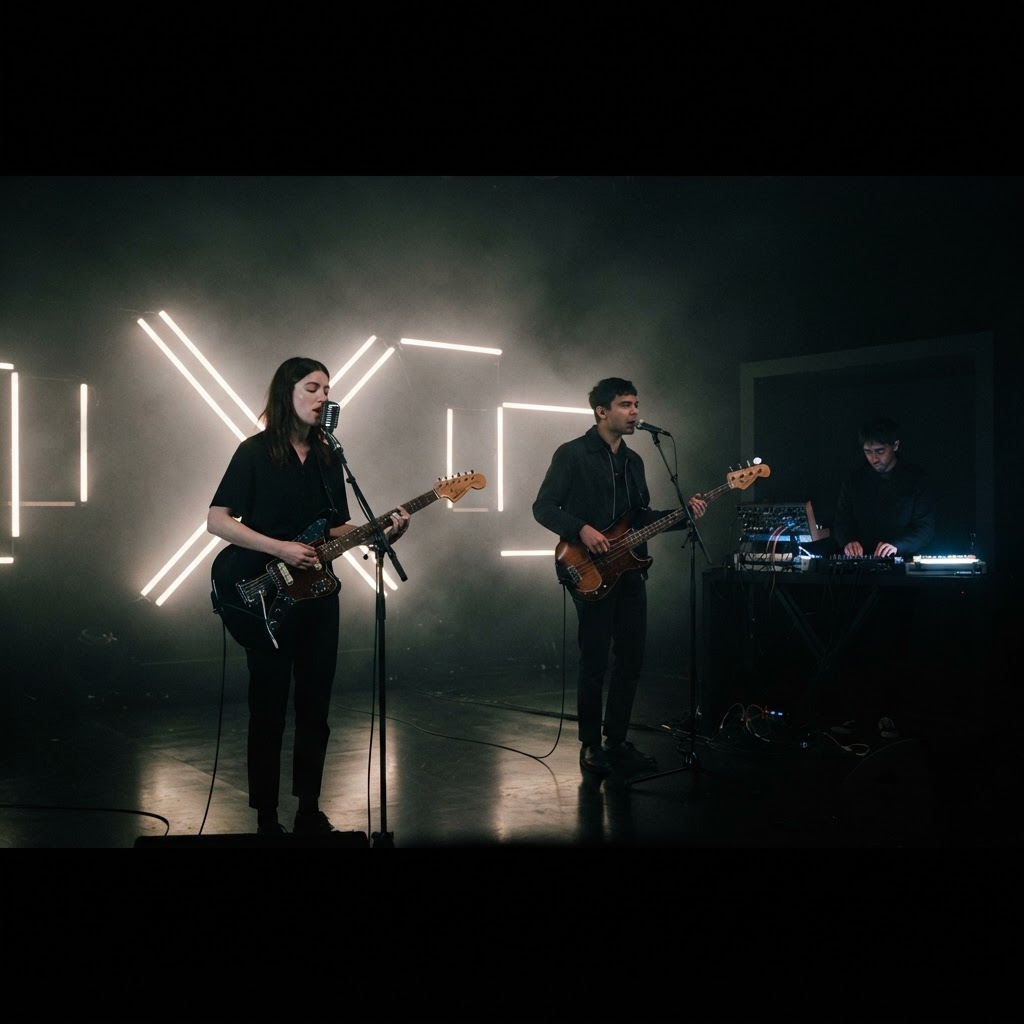 Die Bandmitglieder von The xx in ihrer typischen minimalistischen Schwarz-Weiß-Ästhetik während eines Live-Konzerts.
