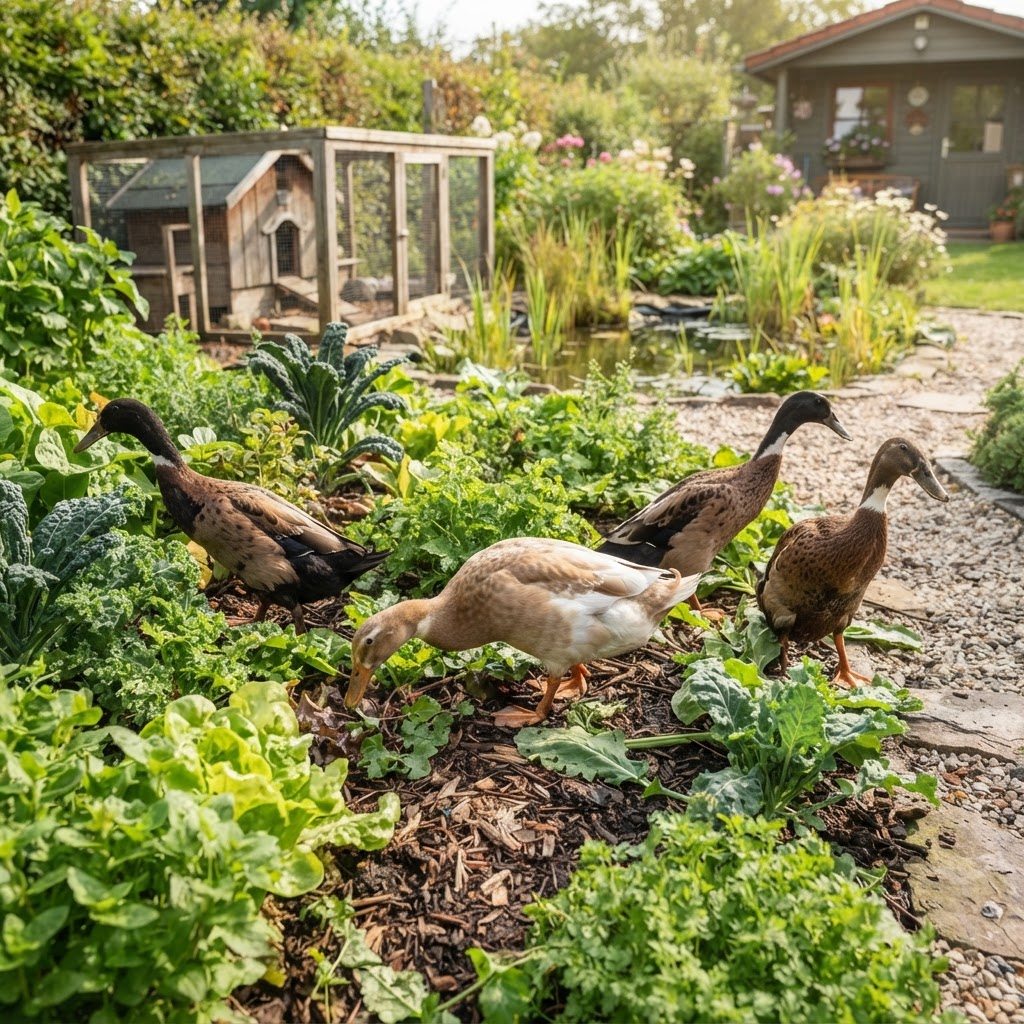 Laufenten halten: Der ultimative Ratgeber für glückliche Enten und einen schneckenfreien Garten Zwei aufrecht stehende indische Laufenten erkunden neugierig eine grüne Wiese in einem gepflegten Garten.