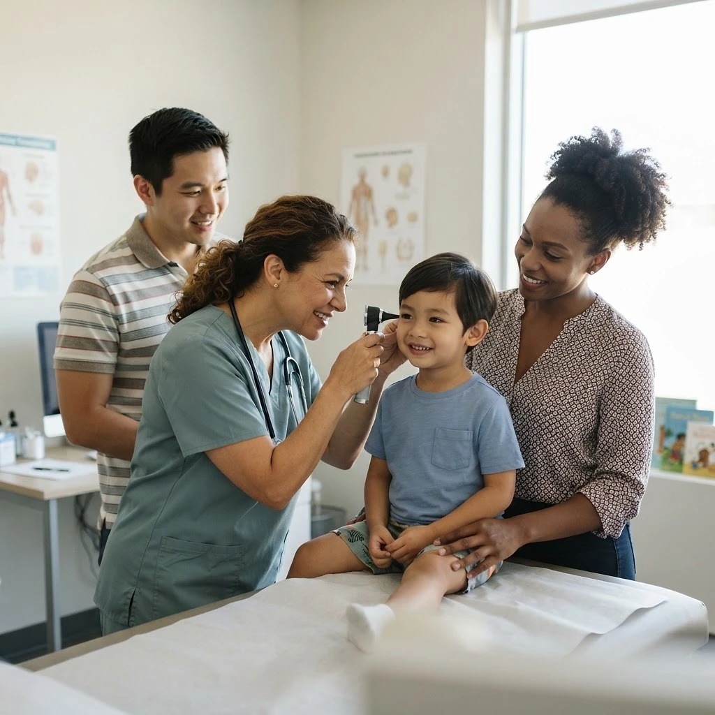 Cena ilustrativa de uma família em consulta médica com pediatra