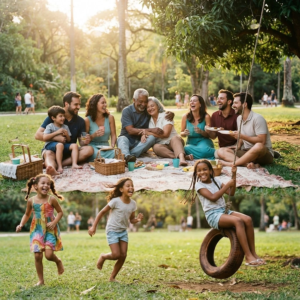 Cena ilustrativa de uma família reunida no parque com crianças brincando