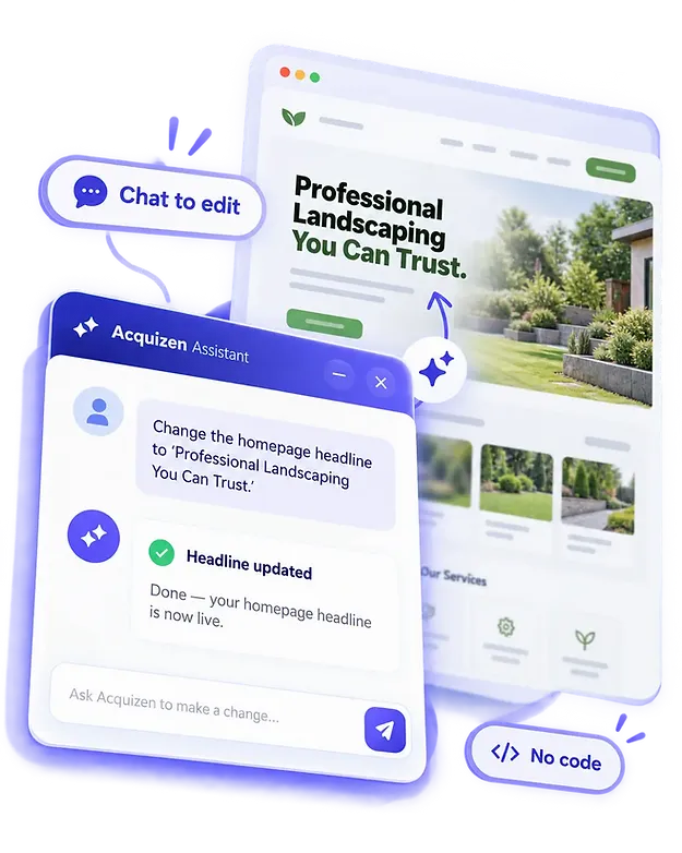 Acquizen AI assistant editing a landscaping website by typing