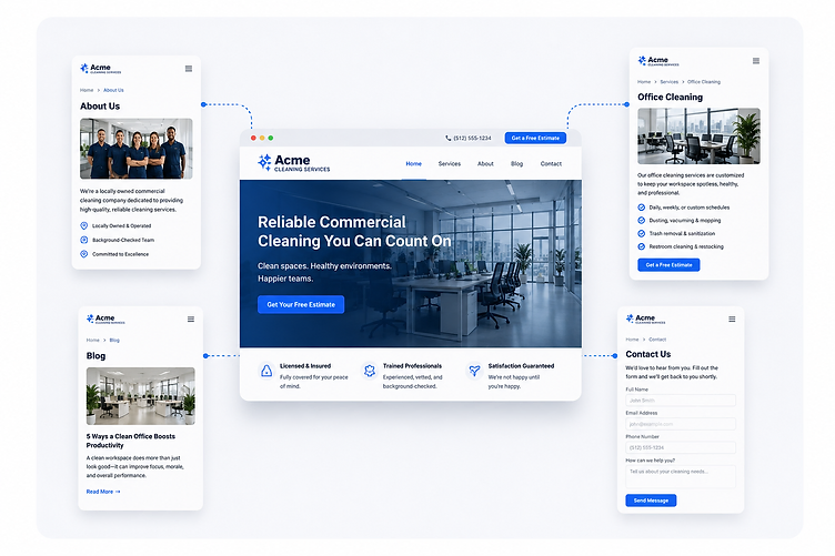 Complete website with services, locations, blog, and contact forms