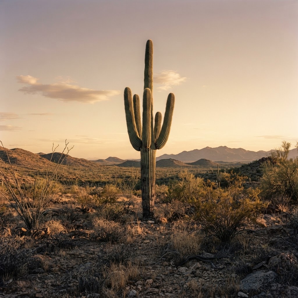 Majestic saguaro cactus standing in the Sonoran Desert at golden hour