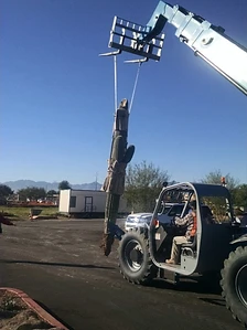 Blue telehandler transporting a braced saguaro upright on a sunny day with clear blue sky