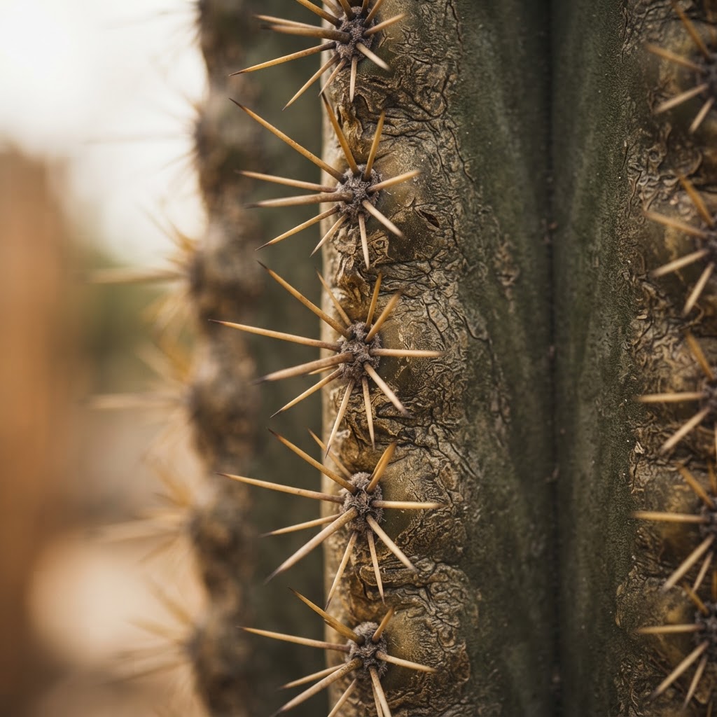 Extreme close-up of saguaro cactus ribbed texture and golden spines