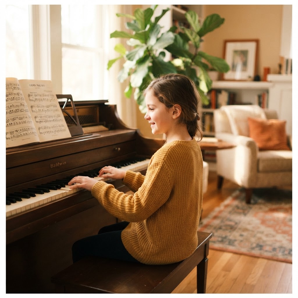 A child's hands resting on piano keys at home