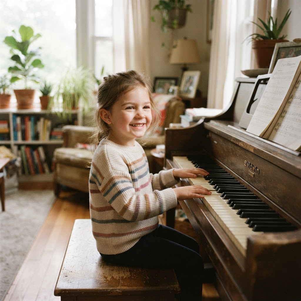 A child smiling at a home piano