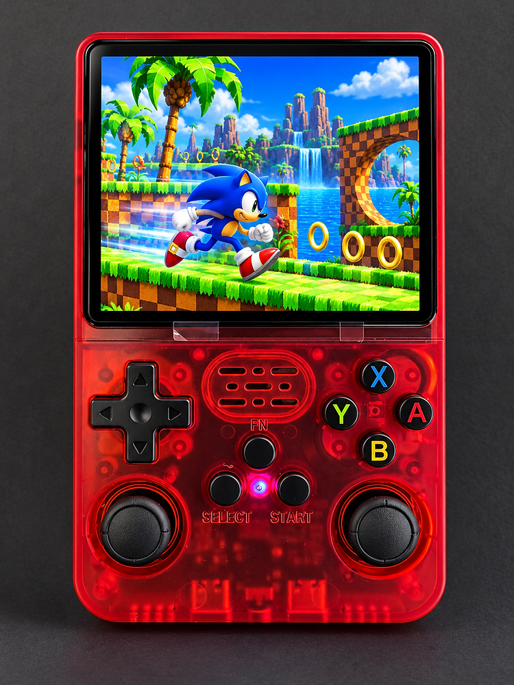 R36S retro handheld gaming console in a translucent red shell