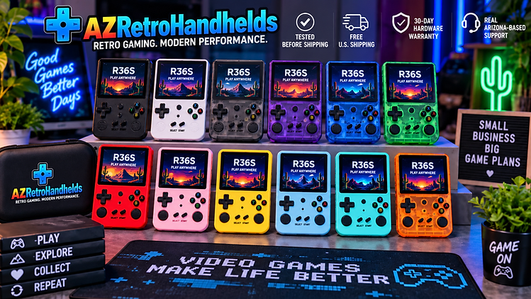 R36S handhelds shown in twelve color options