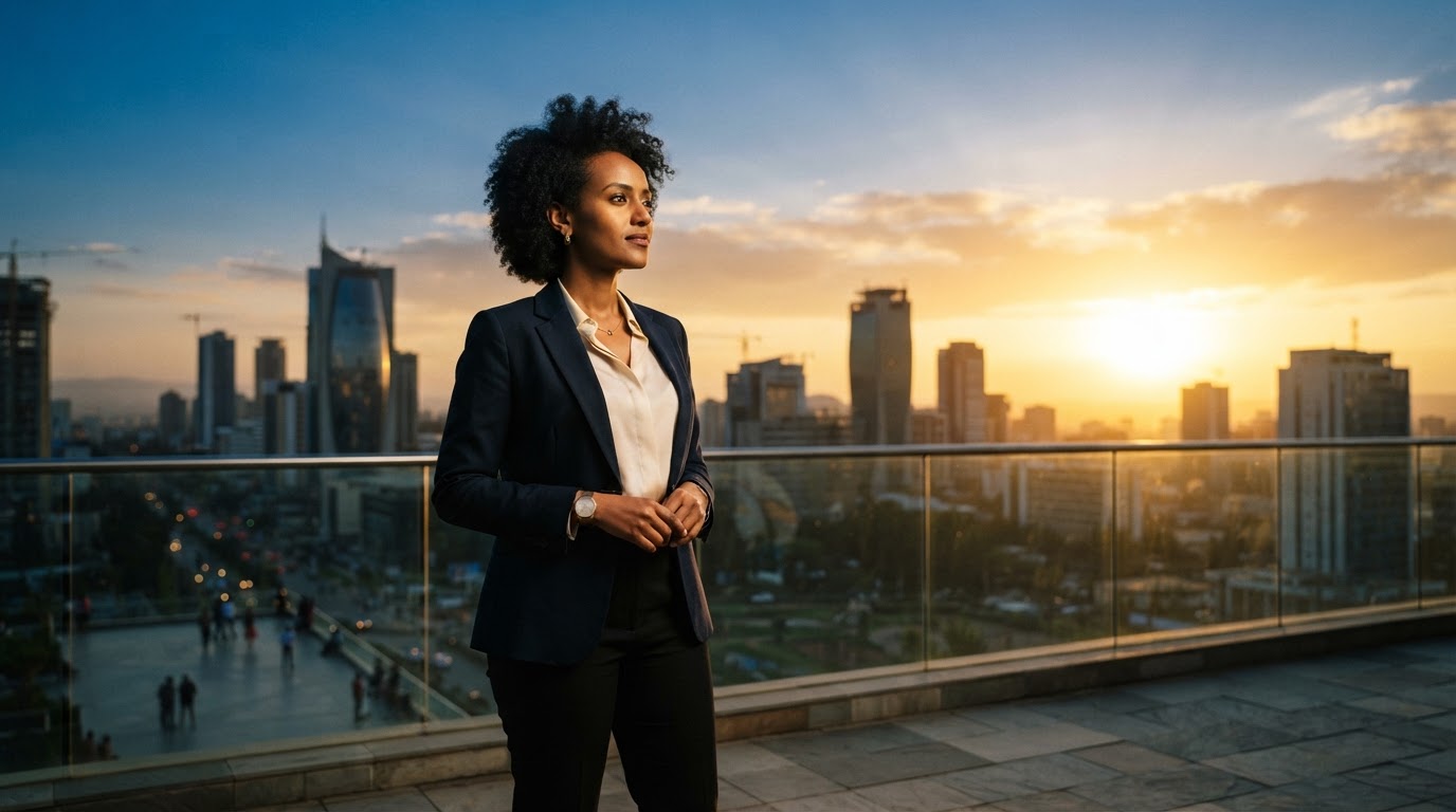 Professional Ethiopian woman looking toward bright horizon