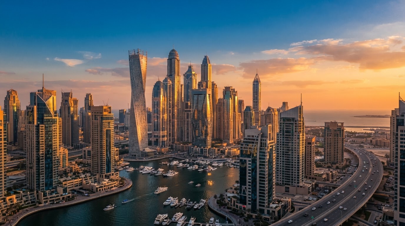 Modern Gulf city skyline at golden hour