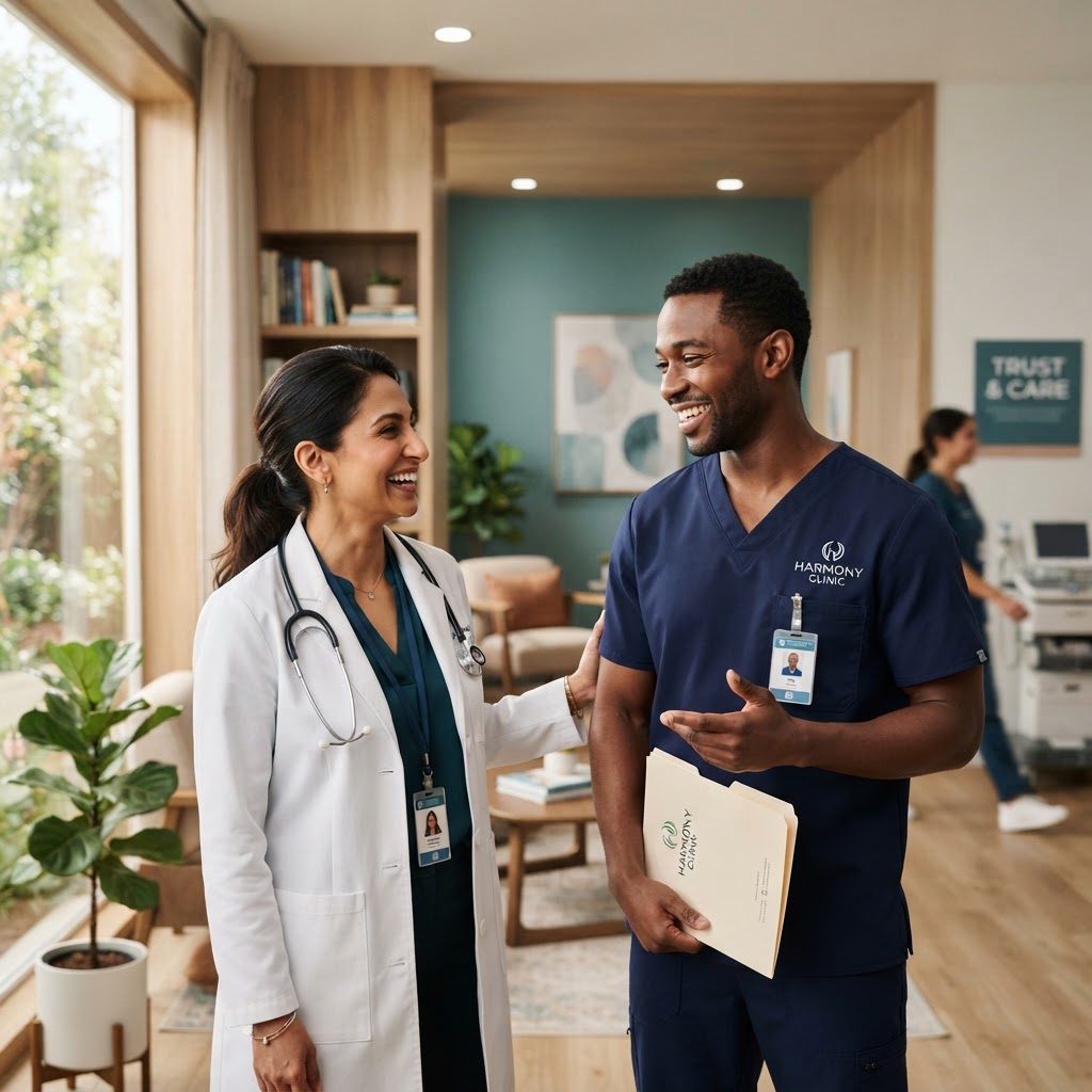 A smiling, diverse healthcare team in a bright modern clinic