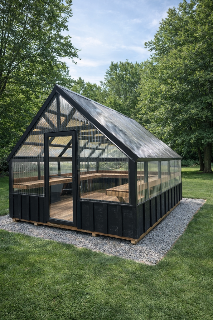 A custom A-frame polycarbonate greenhouse built by Quality Shed Builders