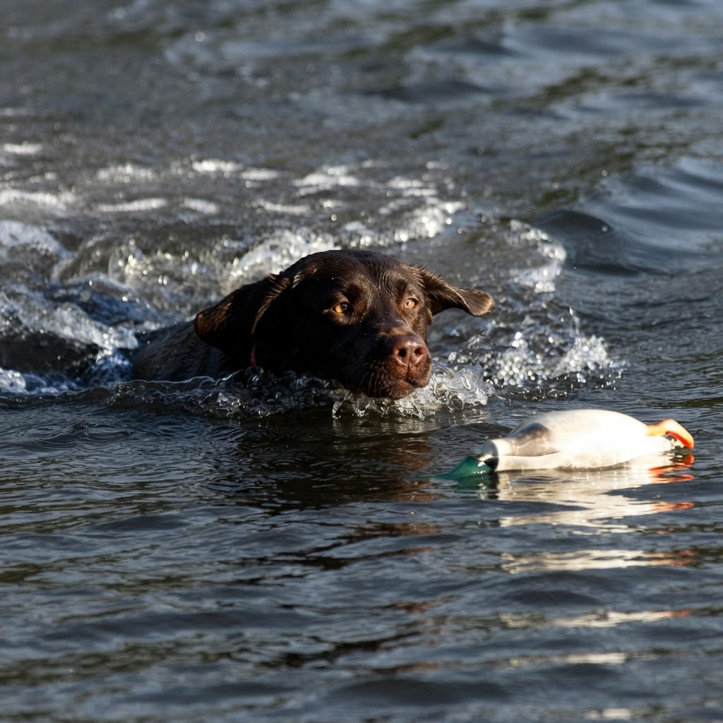 Chocolate Labrador Retriever swimming toward a training bumper