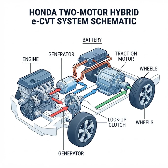 Diagram of how a Two-Motor Hybrid (e-CVT) works