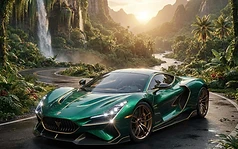 A hypercar in a hidden valley at golden hour